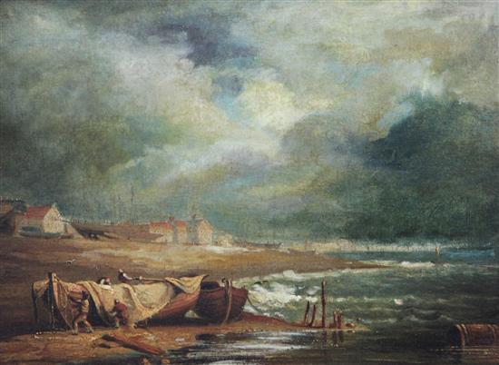 19th century English School Coastal landscape with fishermen beaching a boat, 9 x 12in.